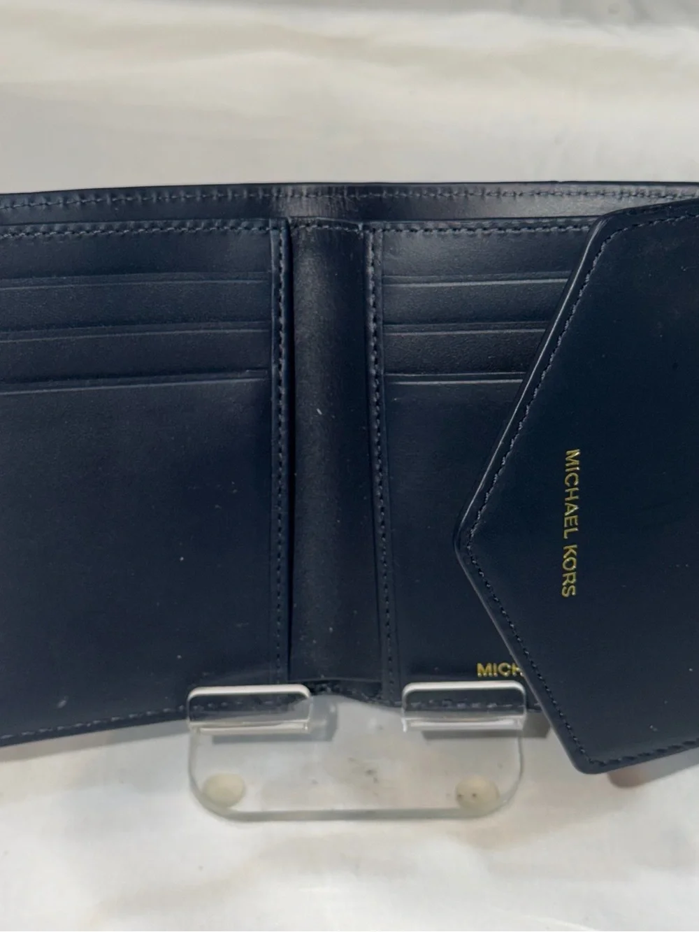 Michael Kors Small Blue Leather Envelope Wallet Gold Logo Compact Trifold Mini